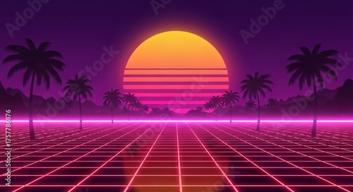 Retro Wave Landscape with Palms, Sun, and Grid - A Nostalgic Journey
