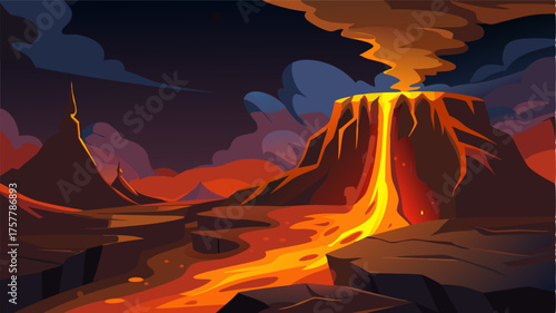 A fiery landscape illuminated by the glow of lava cascading down the side of a volcano.