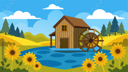 A humble watermill standing in the midst of a bright field of sunflowers its slowturning wheel casting reflections on the serene pond.
