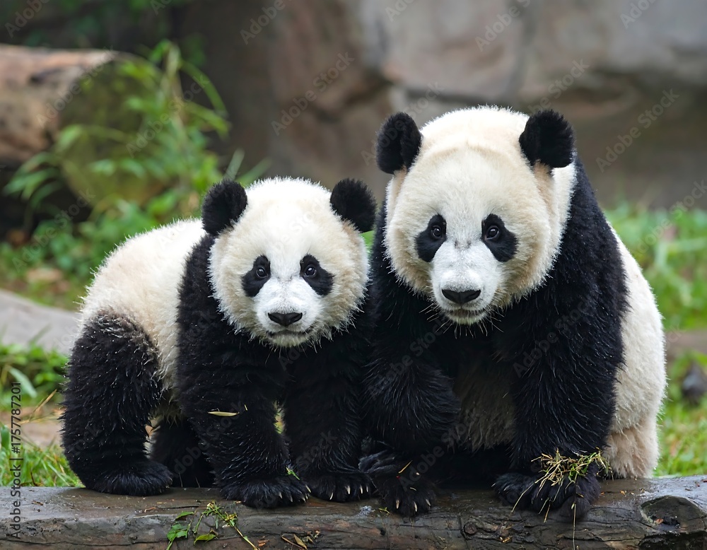 Obraz premium A heartwarming portrait of two adorable pandas, showcasing their fluffy fur and captivating black and white markings in a natural setting