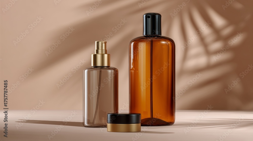 Naklejka premium Brown and amber skincare bottles with shadows for cosmetic product branding packaging visuals advertising design and elegant minimalist composition scene