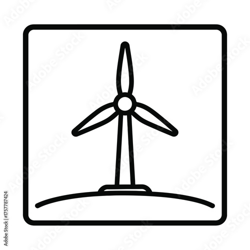 Simple line art icon of a wind turbine on a hilltop on white background.
