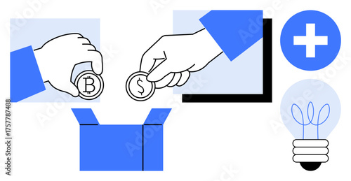 Two hands drop currency coins into a box, alongside a plus sign and lightbulb icon. Ideal for finance, teamwork, innovation, charitable giving, crowdfunding, investment and creativity themes. A
