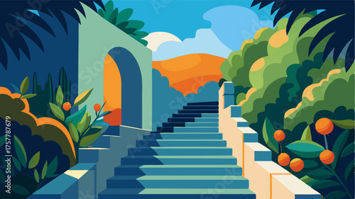 A narrow stone staircase leading down to a hidden Mediterranean terrace bursting with lush vegetation and fragrant citrus trees.