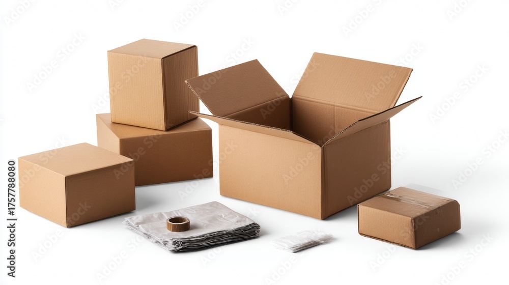Fototapeta premium Open cardboard boxes with packing paper on pastel background