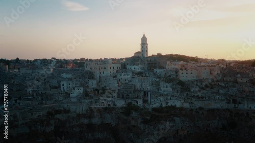 Aerial Drone View of Matera City at Sunset in Puglia Italy