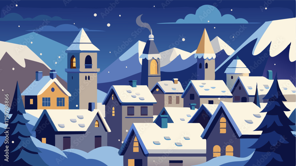 Fototapeta premium A light dusting of snow clings to the rooftops of a quaint village that appears straight out of a fairytale.