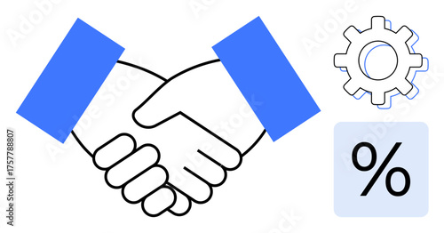 Two hands shaking, blue gear, and percentage sign highlight ideas of collaboration, agreement, teamwork, negotiation, business growth, financial deals partnership. Ideal for teamwork strategy