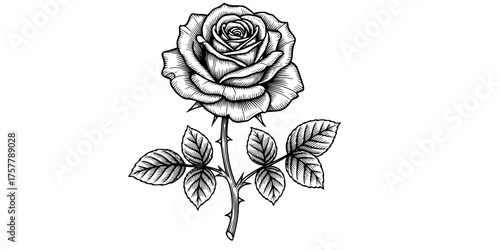 Retro Engraving Elegant Single Rose Flower with Cross-Hatching Detail