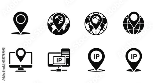 Collection of Geo Location and Internet Protocol Icons Illustrating Digital and Physical Navigation Concepts