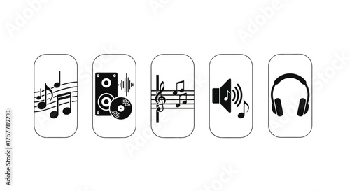 Collection of Symbols Representing Different Aspects of Music and Sound Production and Playback