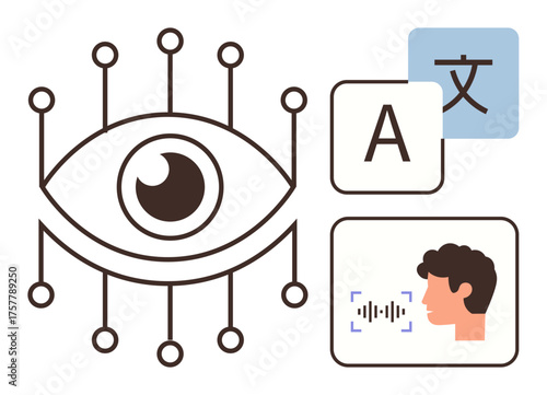 Digital eye with circuit pathways, language symbols, and face with sound waves. Ideal for AI, translation, technology, machine learning, communication accessibility language processing. Simple flat