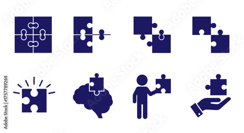 Collection of Puzzle Piece Icons Representing Problem Solving Strategy and Connections