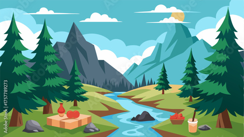 A picturesque picnic by a babbling brook nestled between rugged boulders and towering pine trees.