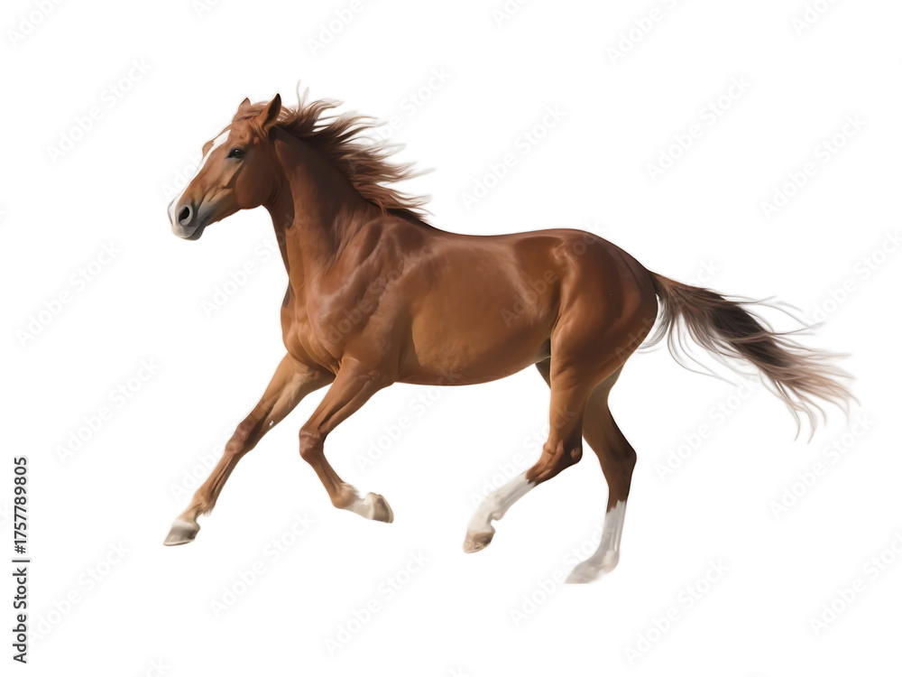Obraz premium A brown horse is seen in full gallop, showcasing its dynamic movement and flowing mane.