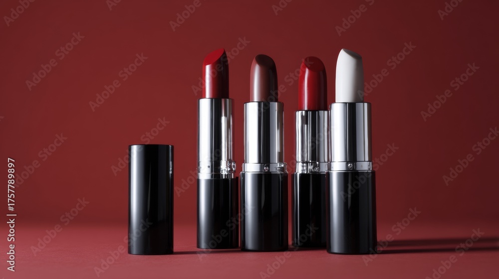 Obraz premium Lipsticks in red and pink tones on dark background for makeup product branding photography and cosmetics visual presentation concept scene setup