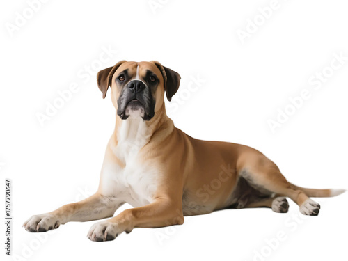 A boxer dog with brown and white fur is lying on the ground, looking calm and composed.