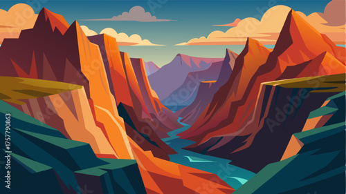 A panoramic landscape of mountainous terrain with deep gorges and steep cliffs creating a dramatic backdrop.