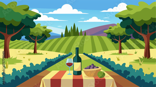 A picturesque vineyard with rows of grapevines creating a natural canopy providing a serene setting for a picnic accompanied by a bottle of wine.