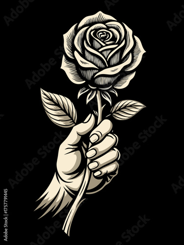 Hand Holding Rose Vintage Woodcut Engraving Linocut Vector Illustration