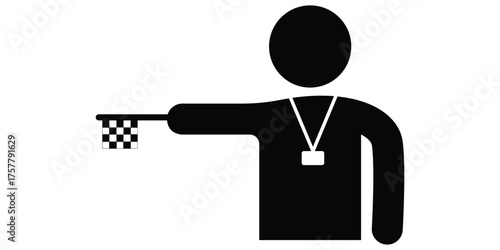 Tour guide holding a flag and wearing an id badge