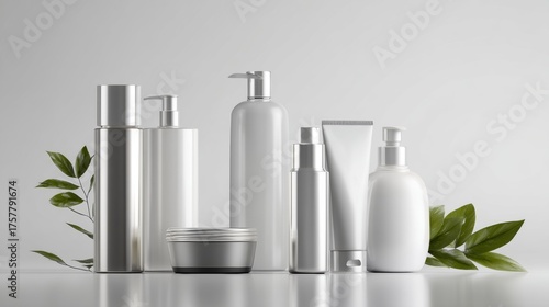 Wallpaper Mural White and silver cosmetic bottles with leaves on background for clean skincare branding photography commercial design beauty product display Torontodigital.ca