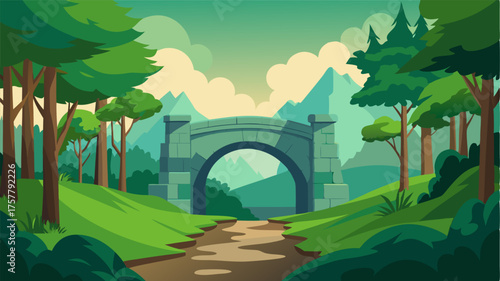 A picturesque stone arched bridge nestled within a lush forest rumored to have been built by ancient civilizations.