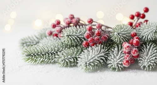 Wallpaper Mural  Snowy Evergreen Branches and Frosted Red Berries on White Snow with Glimmering Bokeh Lights Torontodigital.ca
