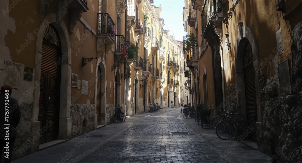 Fototapeta premium Charming Old Town Cobblestone Street with Historic Architecture, Ornate Balconies, and Warm Sunlight Creating Dramatic Shadows on Textured Facades