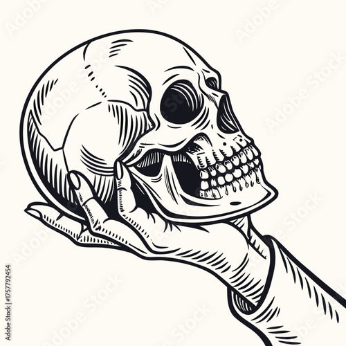 Hand Holding Human Skull Vintage Woodcut Engraving Linocut Vector Illustration