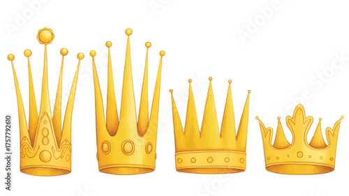 Set of golden crown illustrations royal symbols with different designs isolated on white background