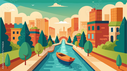 An idyllic urban oasis where boats peacefully drift along a tranquil canal sheltered from the hustle and bustle of the city.