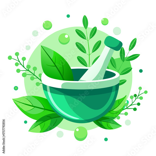 Vector illustration of a mortar and pestle filled with green herbal paste