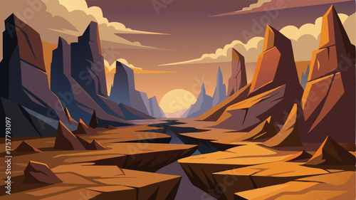 A canyon of jagged rocks rises up in the distance casting long shadows over the cracked and weathered landscape.