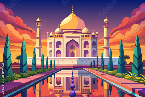Taj Mahal Taj Mahal - Agra. Symbol of love and magnificence of Mughal architecture. Suitable for romantic, cultural, or tourism designs.
White and golden colors are very attractive with sunrise and su