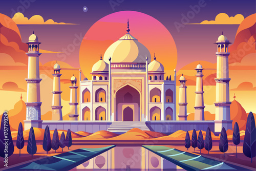Taj Mahal Taj Mahal - Agra. Symbol of love and magnificence of Mughal architecture. Suitable for romantic, cultural, or tourism designs.
White and golden colors are very attractive with sunrise and su