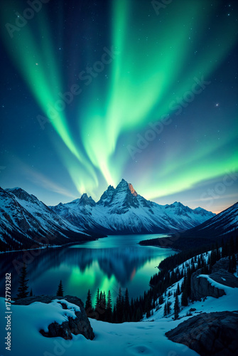 A breathtaking night landscape of towering, snow-capped mountains under a sky illuminated by the Northern Lights. The vibrant green and purple auroras dance across the vast star-filled sky, casting an