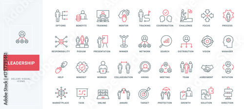 Leadership and business leaders options line icons set. Career challenge and partnership, team structure and network, managers work organization thin black and red outline symbols vector illustration