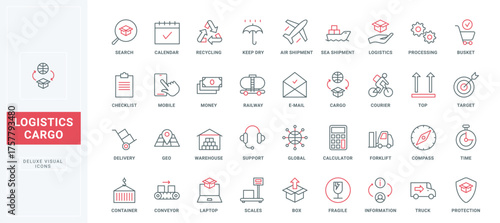 Delivery and worldwide logistics thin black and red line icons set vector illustration. Outline warehouse insurance, support and search service, truck and forklift, sea and air shipment of containers