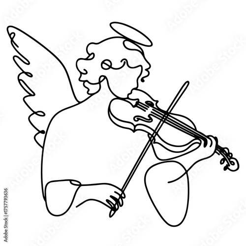 Graceful minimalist one line drawing of an angel playing the violin, symbolizing peace, spirituality, and harmony. Elegant continuous line vector on transparent background — perfect for religious, spi