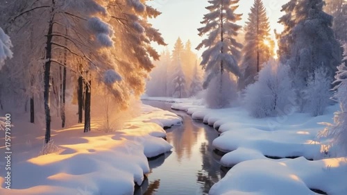 Winter landscape with snow covered trees and a stream reflecting sunlight in the forest scene forest and woodland video