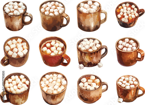 Watercolor Hot Cocoa with Marshmallows Clipart