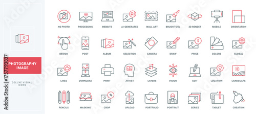 Art gallery and photo content creation with AI and graphic editor, location and likes of social media post line icon set. Artists vision, display thin black and red outline symbols vector illustration