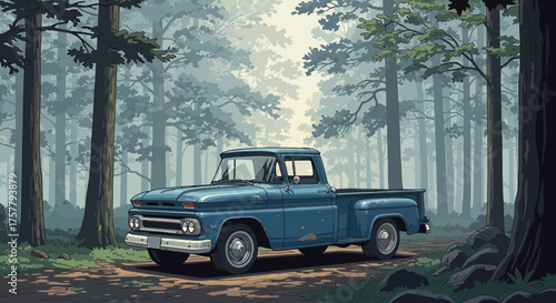 Classic blue pickup truck amidst a serene and ethereal forest setting