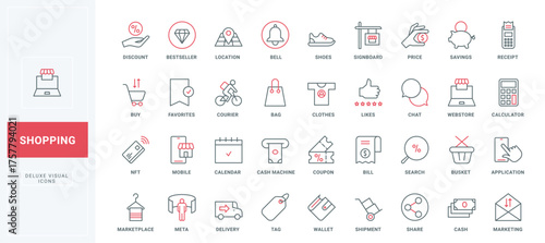 Online shopping line icons set. One click purchase in website shop, coupon and discount on store sale, delivery of orders with courier thin black and red outline symbols, payment vector illustration