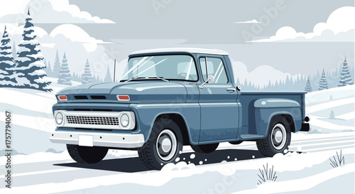 Nostalgic blue pickup truck driving through a serene winter wonderland