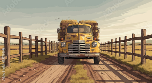 Nostalgic farm scene featuring a vintage truck on rural pathway