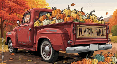 Rustic Red Truck with Pumpkin Patch Harvest Bounty in Autumn Setting