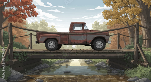 Rustic truck on a weathered wooden bridge in autumn scenic backdrop