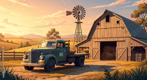 Rustic vintage farm with old truck and wooden barn at sunset countryside